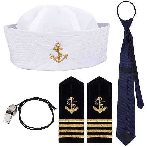 Polyester Men's Suit Necktie & Sailor Hat & Epaulettes Sets, with 304 Stainless Steel Sport Whistle with Nylon Cord