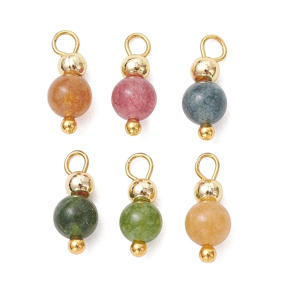Подвески из окрашенного натурального зеленого нефрита, имитирующего турмалин., круглые подвески, с медными петлями, золотые