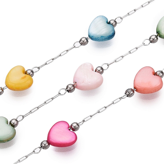 Цепочки из ракушек ручной работы в форме сердца, для ожерелья браслеты решений, с 304 цепями из нержавеющей стали, пайки, с катушкой