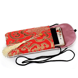 Vintage Cloth Small Crossbody Cell Phone Tassel Purse, with Shoulder Strap and Bell Button, Flower Pattern
