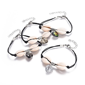 Pulseras de cordón de algodón encerado chino multi-hebra, con cuentas de vidrio electrochapados, cuentas de concha y hallazgos de aleación de estilo tibetano