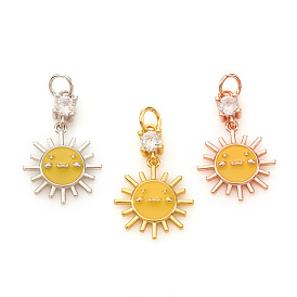 Brass Micro Pave Cubic Zirconia Pendants, with Enamel and Jump Rings, Sun