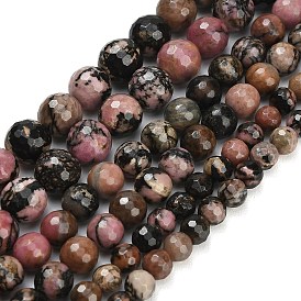 Природные родонит бисер нитей, граненые, круглые