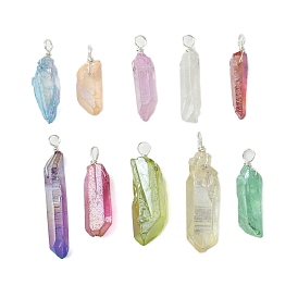 Electroplated Natural Quartz Crystal Pendants, Nuggets Charms with Copper Wire Loops, Silver Color Plated