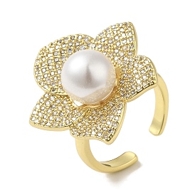 Rack Plating Brass Micro Pave Cubic Zirconia Flower Open Cuff Rings, Round Glass Pearl Beads Ring for Women, Cadmium Free & Lead Free, Long-Lasting Plated