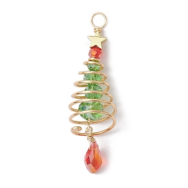 Christmas Theme Copper Wired Glass Big Pendants, with Brass Beads, Christmas Tree, Faceted