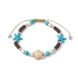 Starfish & Tortoise Synthetic Turquoise Braided Bead Bracelet, Nylon Cord Adjustable Bracelets