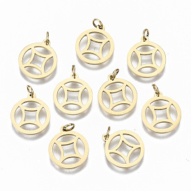 304 Stainless Steel Charms, Laser Cut, with Jump Rings, Chinese coin