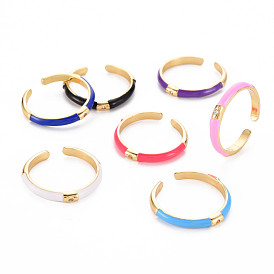 Brass Enamel Cuff Rings, Open Rings, with Clear Cubic Zirconia, Nickel Free, Golden