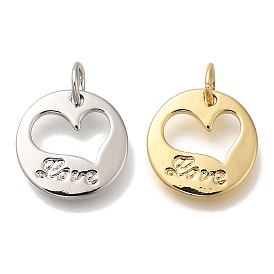 Rack Plating Brass Pendants, Cadmium Free & Lead Free, Long-Lasting Plated, Flat Round with Heart, with Jump Ring Charms