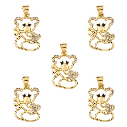 5Pcs Brass Micro Pave Clear & Black Cubic Zirconia Pendants, Nickel Free, Bear