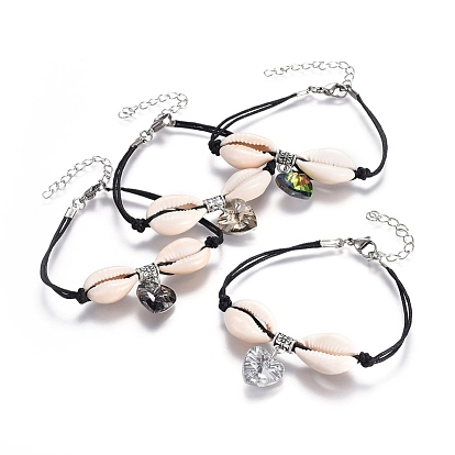 Pulseras de cordón de algodón encerado chino multi-hebra, con cuentas de vidrio electrochapados, cuentas de concha y hallazgos de aleación de estilo tibetano