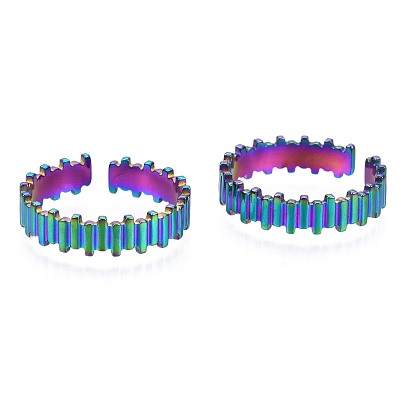 304 Stainless Steel Stripe Textured Cuff Ring, Rainbow Color Open Ring for Women