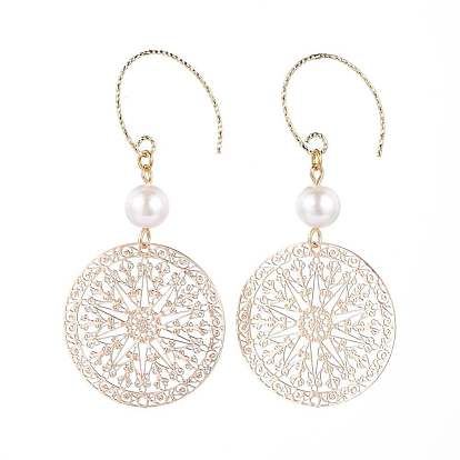 Brass Dangle Earrings, with 304 Stainless Steel Jump Rings and Glass Pearl, Flat Round