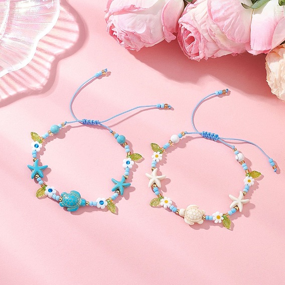Браслеты из синтетической бирюзы и стеклянного бисера на морскую тематику, Регулируемый браслет с подвесками в виде черепахи и морской звезды для женщин.