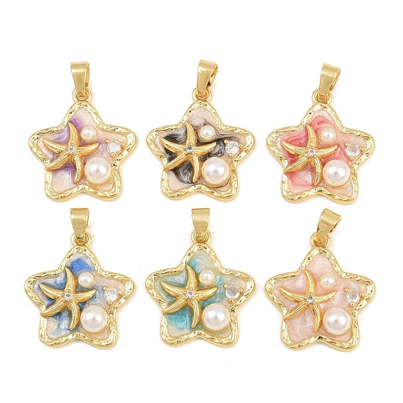 Brass Enamel Pendants, with ABS Plastic Imitation Pearl, Star with Starfish Charms, Real 18K Gold Plated