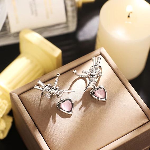 Pink Cat Eye Heart-shaped Clip-on Earrings - Unique Design, Sophisticated, Ear Cuff, No Piercing.