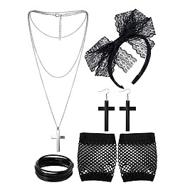 Retro Double Cross Necklace and Earrings Set in Black for 80s Costume Party