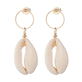 Natural Cowrie Shell Long Dangle Stud Earrings for Women, Golden