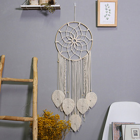Woven Net/Web with Leaf Macrame Cotton Wall Hanging Decorations, with Wood Ring, for Garden, Wedding, Lighting Ornament