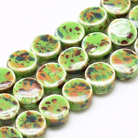 Handmade Porcelain Beads, Fancy Antique Glazed Porcelain, Flat Round
