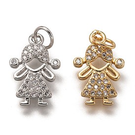 Brass Micro Pave Clear Cubic Zirconia Pendants, Cadmium Free & Lead Free, Long-Lasting Plated, Girl
