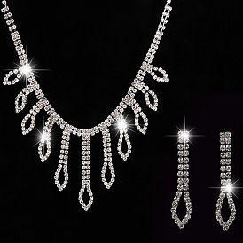 Stylish Silver Plated Sweater Chain and Earrings Set with Rhinestones - N188