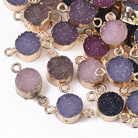 Druzy Resin Links Connectors, with Edge Light Gold Plated Iron Loops, Flat Round