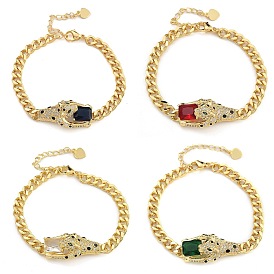 Brass Micro Pave Cubic Zirconia Link & Charm Bracelets, Real 18K Gold Plated, Snake