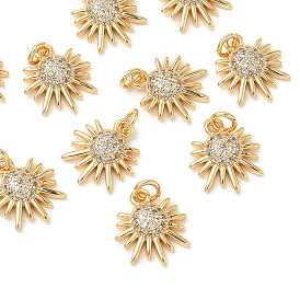 SHEGRACE Brass Micro Pave Cubic Zirconia Pendants, Sun Charms, Cadmium Free & Nickel Free & Lead Free, Clear