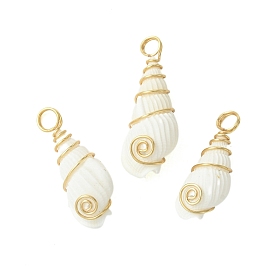 Natural Trumpet Shell Pendants, Shell Shaped Charms with Copper Wire Wrapped