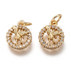 Brass Micro Pave Clear Cubic Zirconia Charms, Long-Lasting Plated, with Jump Ring, Flat Round with Angel