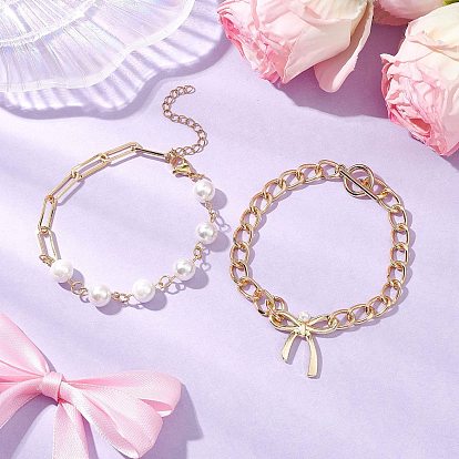 Браслет из алюминиевых витых цепочек с бантом и латунной цепочкой-скрепкой и цепочками из ракушек и жемчуга для женщин