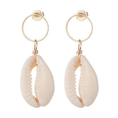Natural Cowrie Shell Long Dangle Stud Earrings for Women, Golden