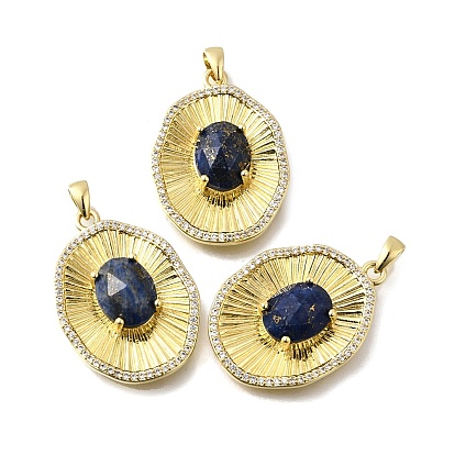 Подвески из натурального лазурита ограненные овальные, латунные микро проложить кубического циркония прелести, стойки покрытие, прочное покрытие, без кадмия и без свинца
