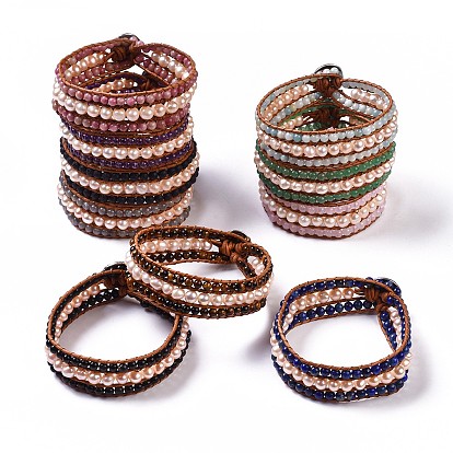 Natural Gemstone Beaded Cord Bracelets, with Freshwater Pearl, Leather Cord and Alloy Clasps