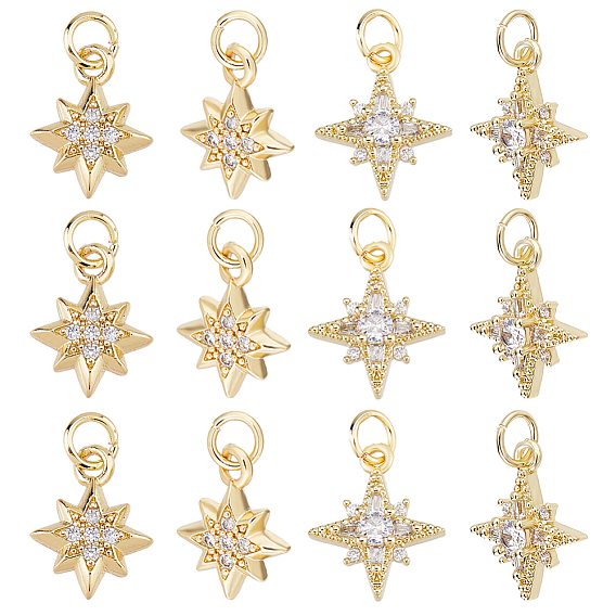 12 шт 2 стили латунные подвески из микропаве с фианитом, звезды прелести, с прыжковых колец