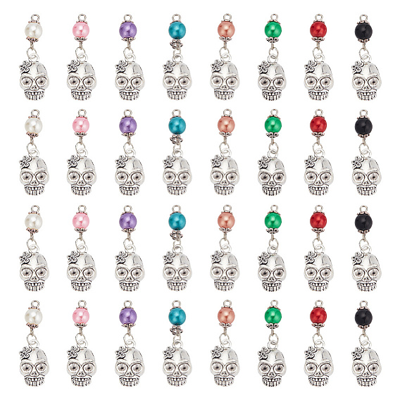 8 комплекты подвесок из сплава, с абс пластмассовыми жемчужными бисером, античное серебро, череп