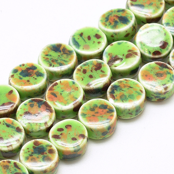 Handmade Porcelain Beads, Fancy Antique Glazed Porcelain, Flat Round