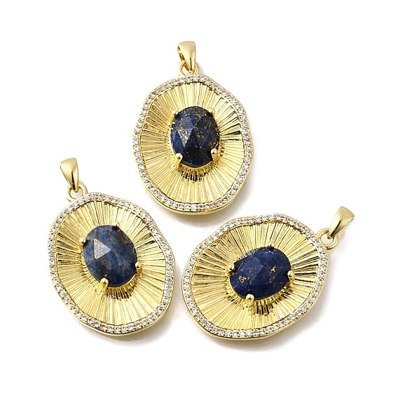 Подвески из натурального лазурита ограненные овальные, латунные микро проложить кубического циркония прелести, стойки покрытие, прочное покрытие, без кадмия и без свинца