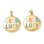 Brass Micro Pave Cubic Zirconia Pendants, with Enamel, Flat Round with Word Good Luck Charms, Golden