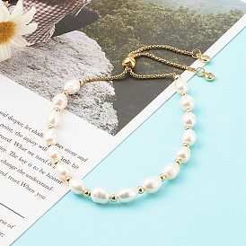 Rice Natural Pearl Slide Bracelets, Bolo Bracelets, with 304 Stainless Steel Box Chains, Golden