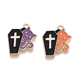 Halloween Theme Rack Plating Alloy Enamel Pendants, Golden, Cross Coffin with Cat Charm