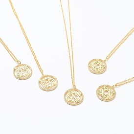 Collares pendientes de circonita cúbica transparente micro pavé de latón, plano y redondo con la letra, real 18 k chapado en oro