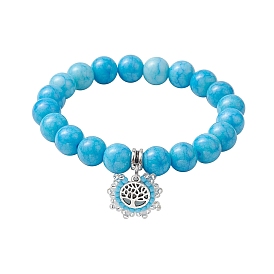 10.5mm Round Opaque Crackle Glass Beaded Stretch Bracelets, Alloy Tree of Life Charm Bracelets