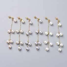 Long Earrings, with Brass Stud Earrings Findings, Round Glass Pearl Beads and Earring Backs/Ear Nuts, Golden