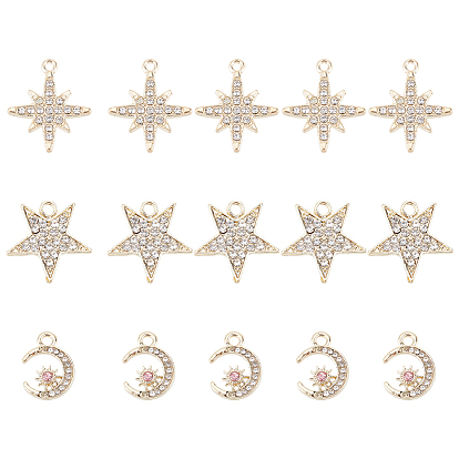 30Pcs 3 Style Alloy Rhinestone Pendants, Star Charms & Crescent Moon, Cadmium Free & Nickel Free & Lead Free