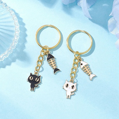 Подвесные брелки из сплава эмали, с железными разрезными брелоками, форма кошки с рыбьей костью, золотые