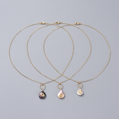 Natural Baroque Pearl Keshi Pearl, Cultured Freshwater Pearl Pendant Necklaces, with Brass Cable Chains, Linking Rings and Cardboard Box, Teardrop