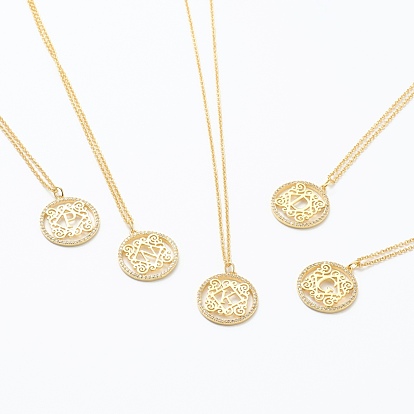Collares pendientes de circonita cúbica transparente micro pavé de latón, plano y redondo con la letra, real 18 k chapado en oro